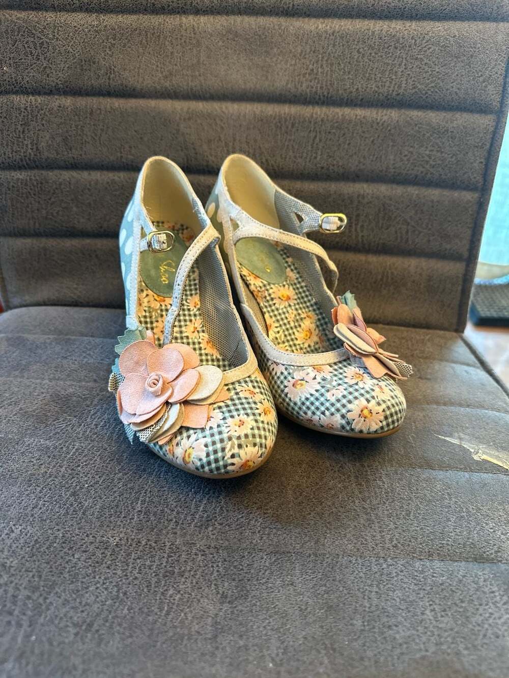 Ruby Shoo Dee Mint & Peach Polka Dot Gingham Floral Mary Jane Heels